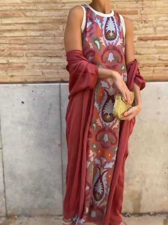 Women's Printing Geometric Daily Going Out Two-Piece Set Color1 Casual Spring/Fall Coat With Skirt Celebrity-style Cape And Skirt Two-piece Set