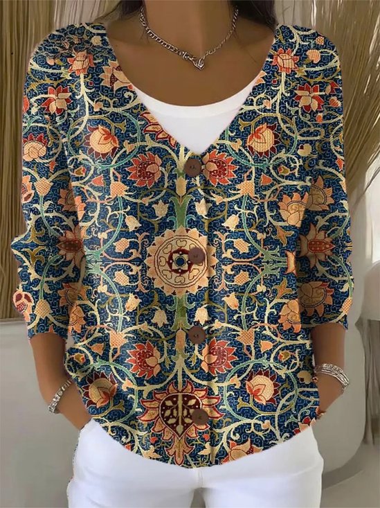 Vintage Flower Art Print Buttoned V-neck Cardigan Sweater