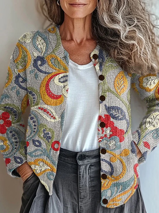 Floral Printing Crew Neck Casual Cardigan