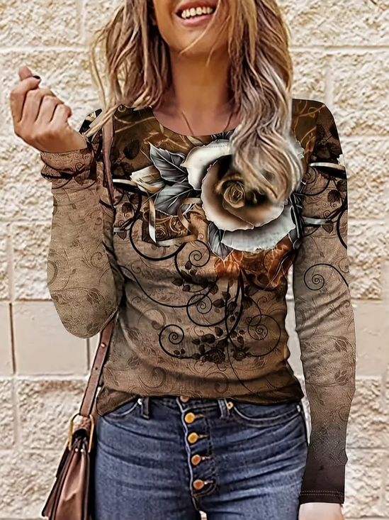 Women's Long Sleeve T-shirt Spring/Fall Brown Floral Printing Jersey Crew Neck Daily Going Out Casual Top