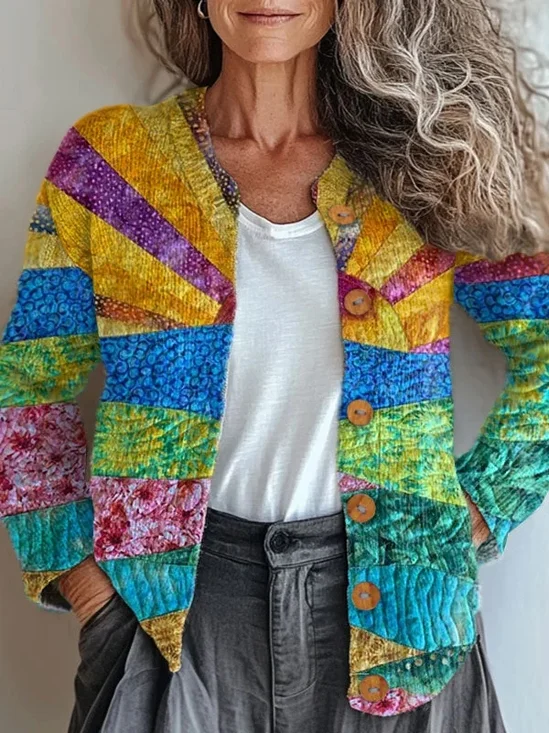 Knitted Crew Neck Peasant Geometric Cardigan