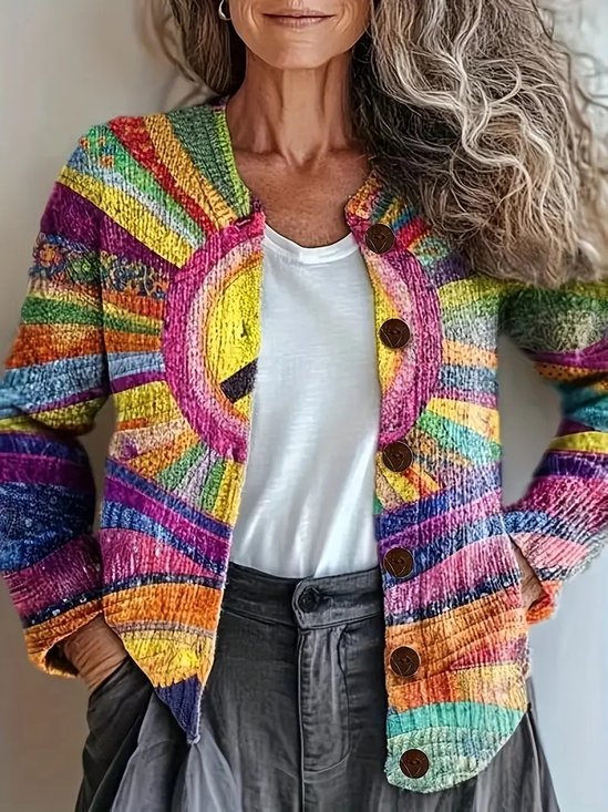 Loose Vintage Geometric Crew Neck Cardigan