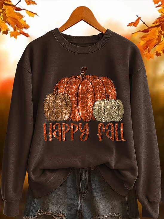 Women's Halloween Happy Fall Pumpkin Print Crew Neck Long Sleeve Sweatshirt