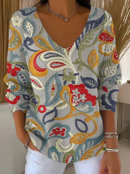 Women's Long Sleeve T-shirt Spring/Fall Gray Floral Printing V Neck Daily Going Out Casual Top