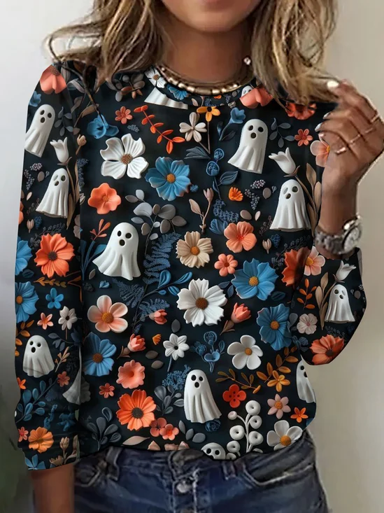 Cotton Halloween Crew Neck Vintage T-Shirt