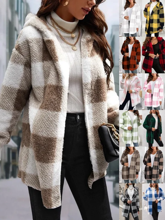 Plaid Urban Pocket Stitching Hooded Jacket