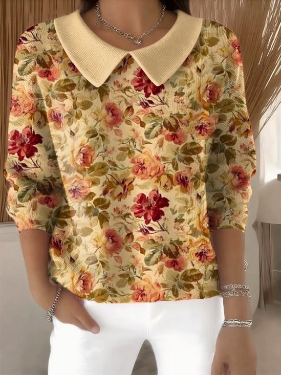 Shawl Collar Casual Imitation Cashmere Floral Sweater