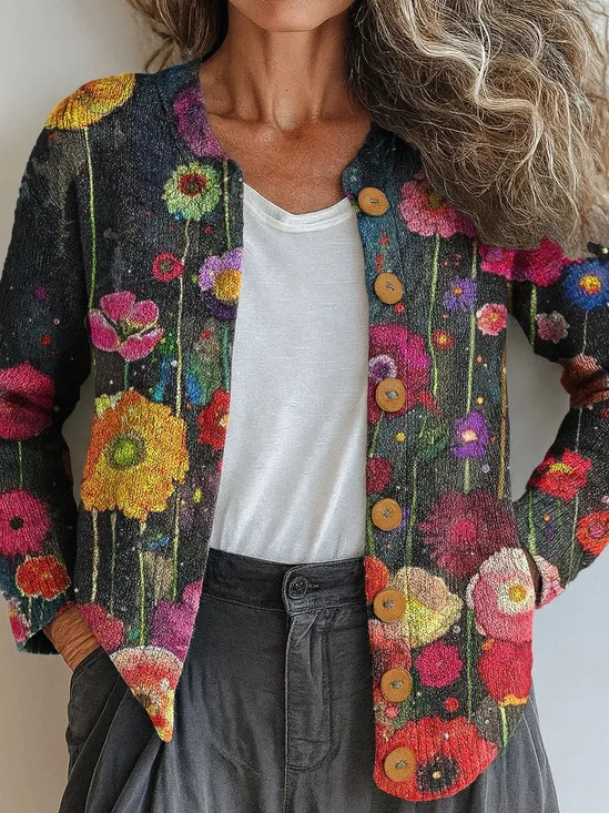 Knitted Loose Ethnic Crew Neck Cardigan