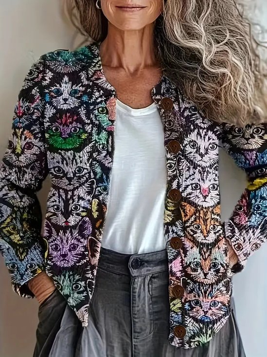Crew Neck Cat Vintage Knitted Cardigan