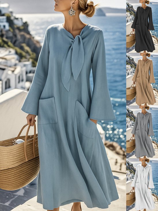 Women's Long Sleeve Spring/Fall Blue Plain Split Joint Crew Neck Daily Going Out Vintage Maxi A-Line Tank Dress