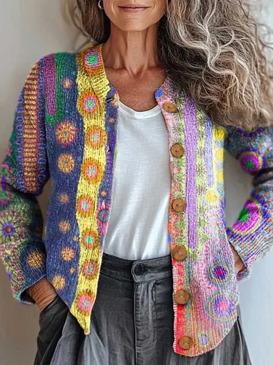 Loose Knitted Geometric Ethnic Cardigan