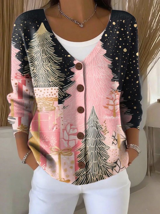 Casual Crew Neck Christmas Loose Cardigan