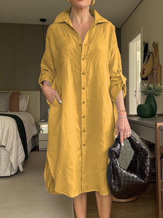 Casual Plain Shirt Collar Midi Dress