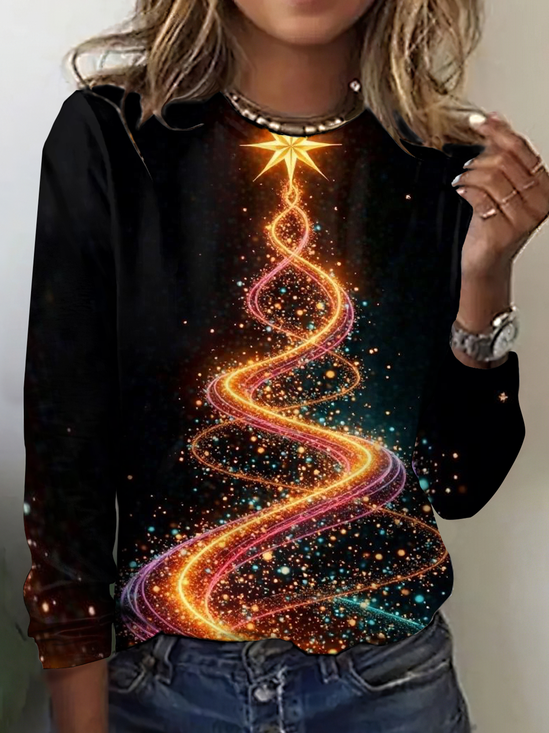 Cotton Vintage Christmas Tree Crew Neck T-Shirt