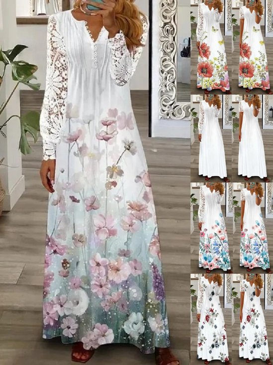 Women's Long Sleeve Spring/Fall pink-gray Plain Split Joint V Neck Daily Going Out Vintage Maxi A-Line T-Shirt Dress Dress