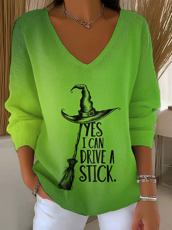 Women'S Witch "Yes I Can Drive A Stick" Print Drop Shoulder Sweater
