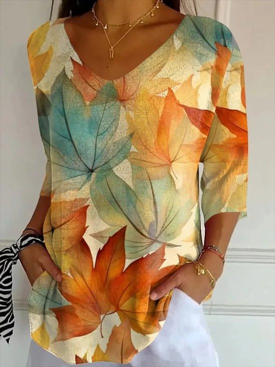 Loose V Neck Maple Leaf Casual T-Shirt