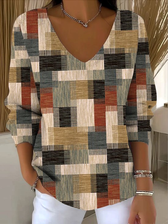 V Neck Cotton Casual Color Block Sweater