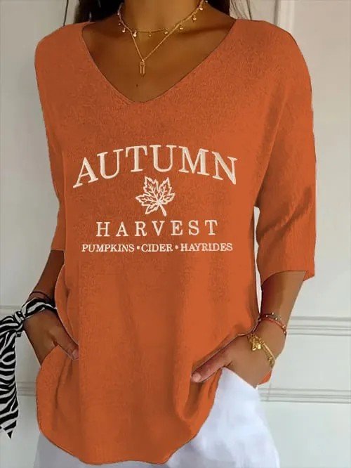 V Neck Simple Loose Letter Pattern T-Shirt