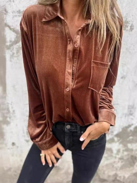 Women's Long Sleeve Shirt Spring/Fall Coffee Plain Split Joint Pleuche V Neck Daily Going Out Casual Top