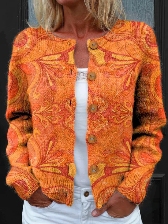 Floral Peasant Crew Neck Knitted Cardigan