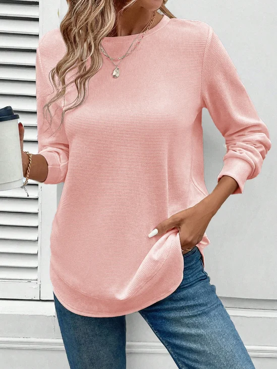 Girly Plain New Loose Temperament Fashion Women's Solid Color Round Neck Splicing Long Sleeve Jacquard Casual Simple Sweatshirt