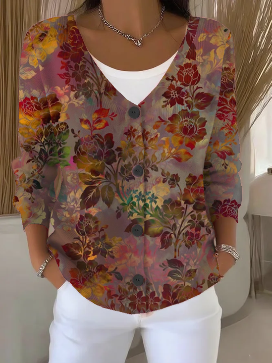 Women's Floral Print Casual Long Sleeve Button Cardigan