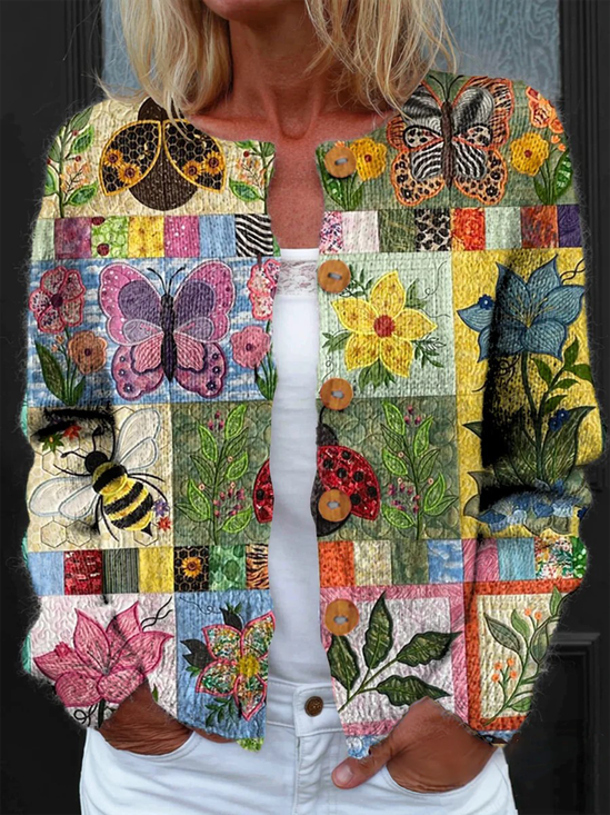 Ethnic Peasant Crew Neck Loose Cardigan