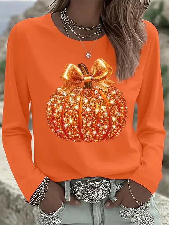 Women's Long Sleeve T-shirt Spring/Fall Orange Halloween (pumpkin) Printing Jersey Crew Neck Daily Going Out Casual Top