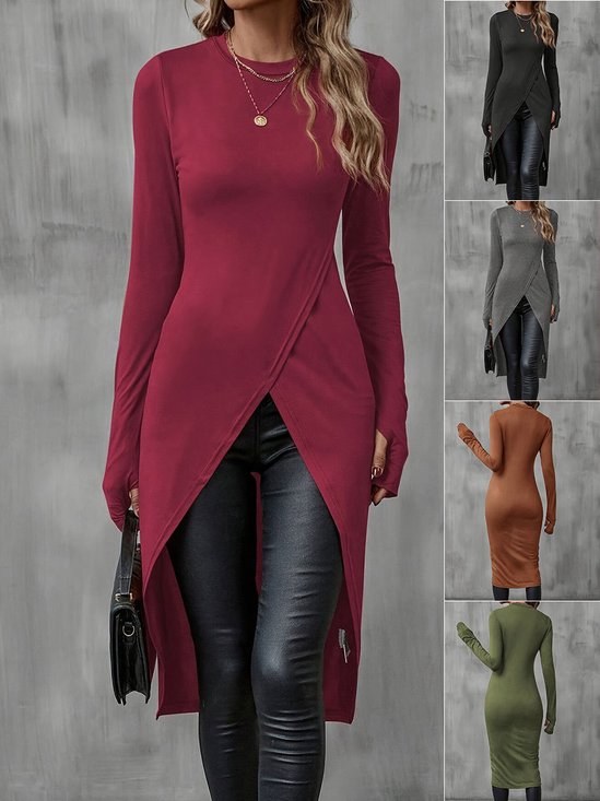Women's Long Sleeve T-shirt Spring/Fall Wine Red Plain Split Joint Crew Neck Daily Going Out Vintage Top