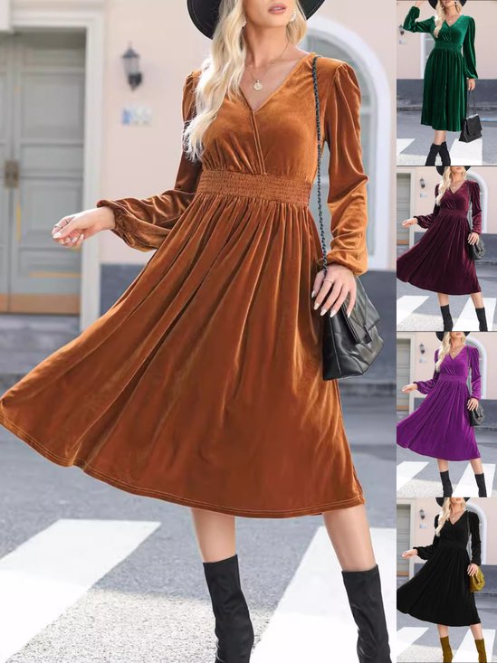 Women's Long Sleeve Spring/Fall Brown Plain Split Joint V Neck Daily Going Out Vintage Maxi A-Line T-Shirt Pleuche Dress