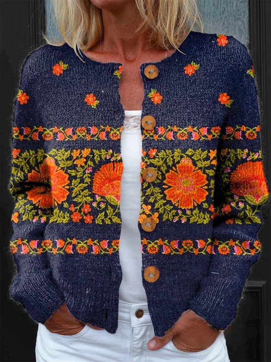 Loose Knitted Vintage Crew Neck Cardigan
