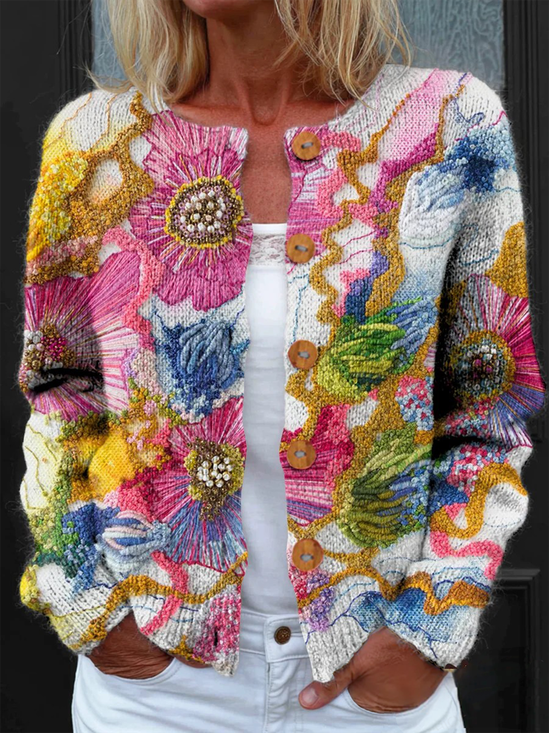 Multicolor Block Knitted Casual Crew Neck Cardigan