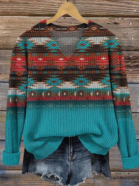 V Neck Ethnic Geometry Casual Loose Sweater