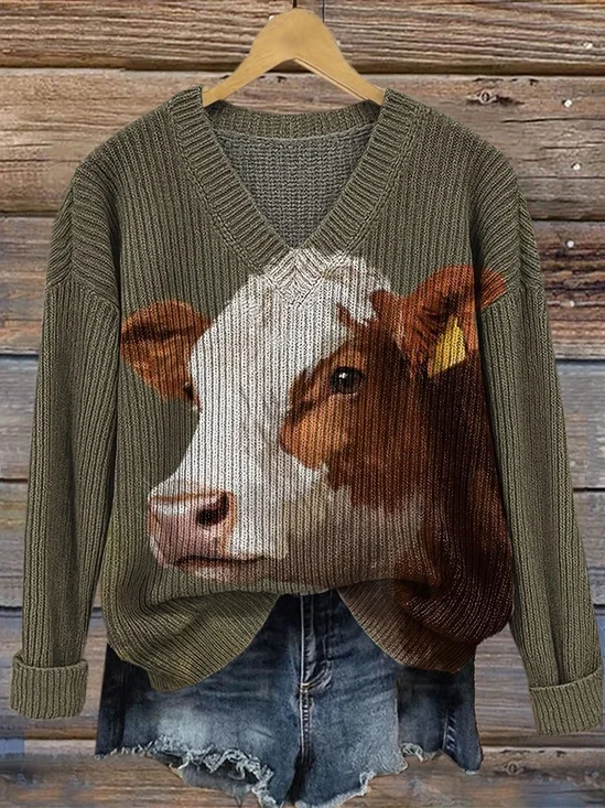 Casual Loose Animal Picture V Neck Sweater