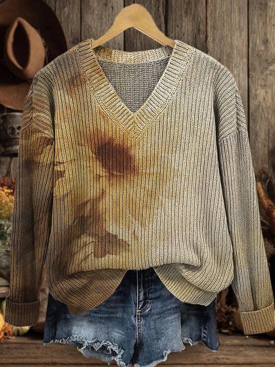 V Neck Vintage Loose Floral Sweater