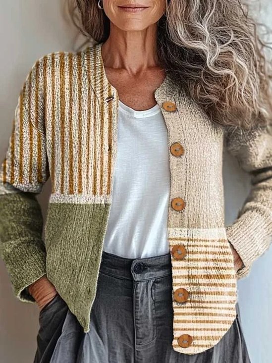 Crew Neck Multicolor Block Knitted Ethnic Cardigan