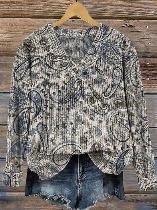 V Neck Floral Casual Loose Sweater
