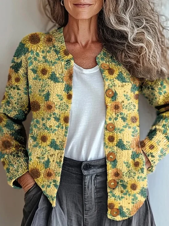 Loose Casual Crew Neck Floral Cardigan