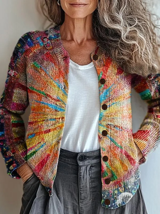 Women's Abstract Print Casual Button Cardigan