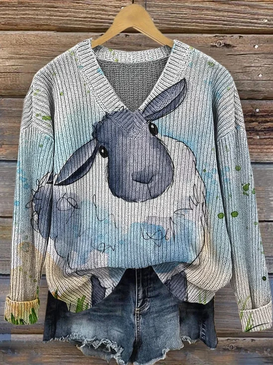 V Neck Ethnic Animal Picture Loose Sweater
