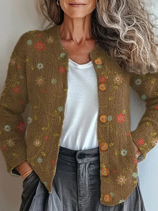 Crew Neck Loose Ethnic Floral Cardigan