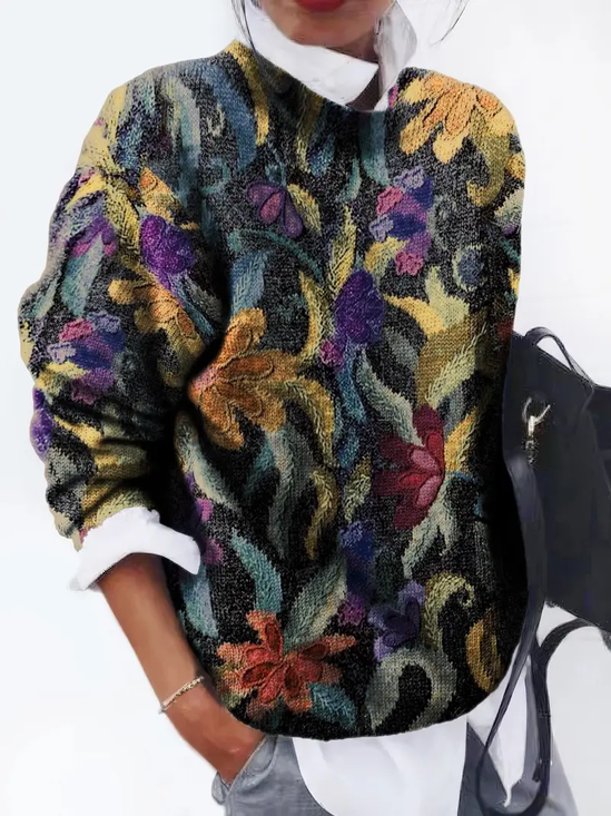 Women's Abstract Floral Print Casual Long Sleeve Crew Neck Sweater