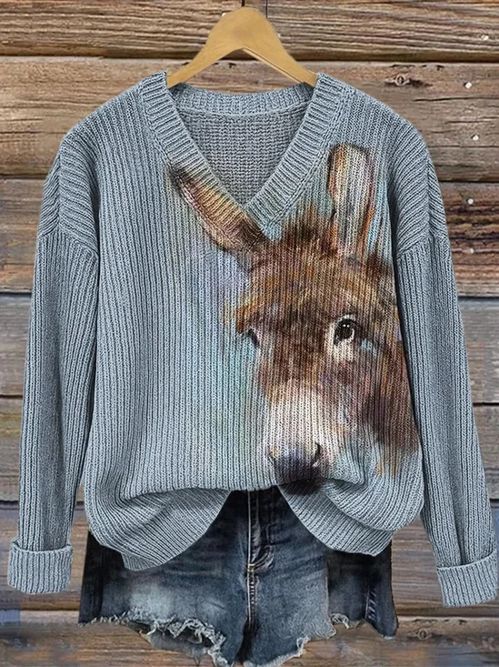 Loose Ethnic Animal Picture V Neck Sweater