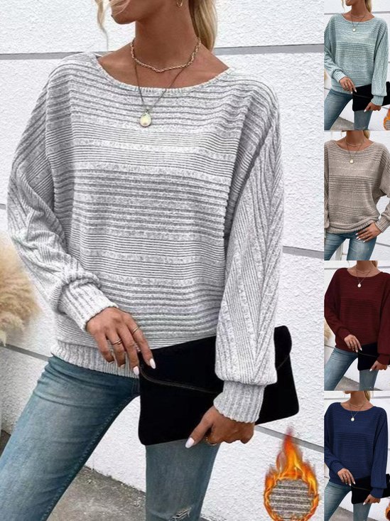 Women's Long Sleeve T-shirt Spring/Fall Light Gray Plain Jacquard Crew Neck Daily Going Out Vintage Top