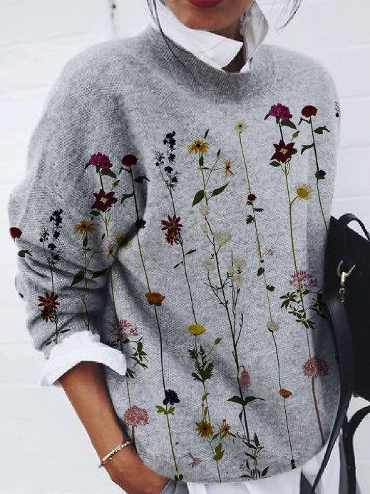 Women's Floral Print Casual Long Sleeve Crew Neck Sweater