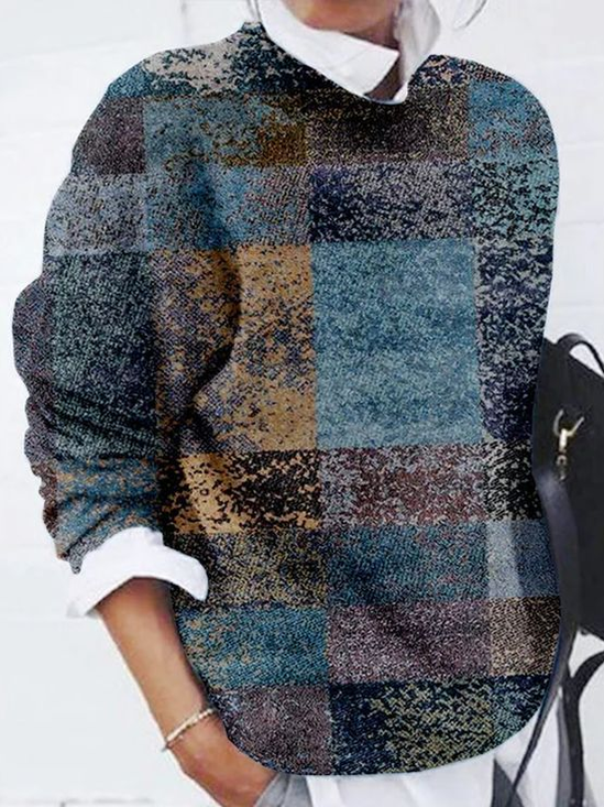Women's Abstract Check Print Casual Long Sleeve Crew Neck Sweater