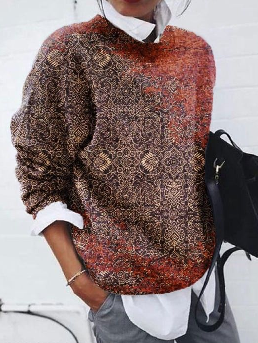 Women's Abstract Print Casual Long Sleeve Crew Neck Sweater