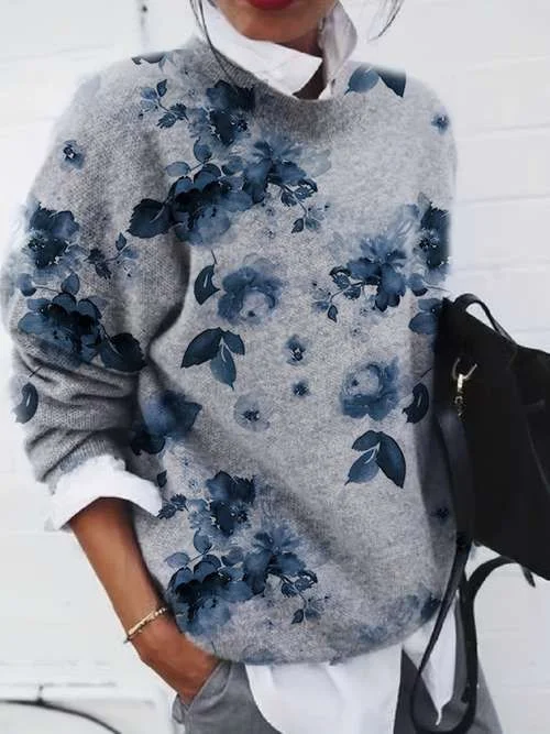 Women's Floral Print Casual Long Sleeve Crew Neck Sweater