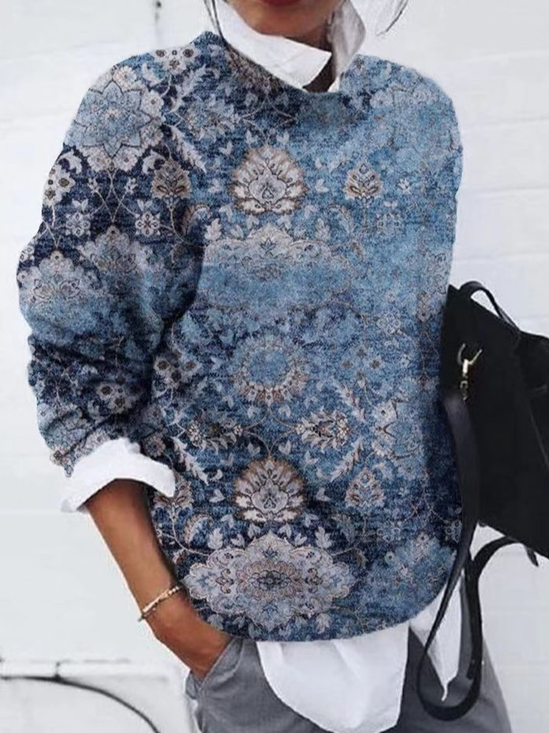 Women's Floral Print Casual Long Sleeve Crew Neck Sweater